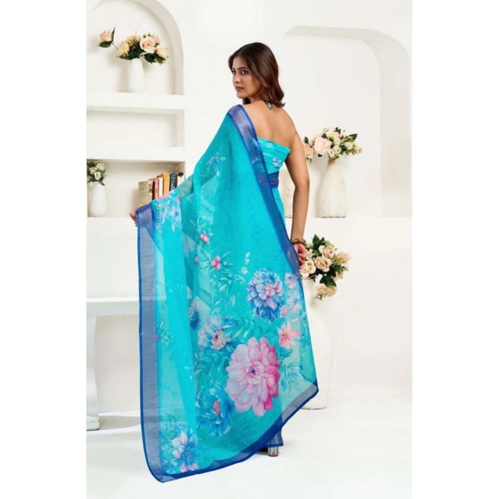 Generic Women's Faux Linen Floral Print Ready to wear Saree With Unstitched Blouse 5.5Mtr (Light_AquaBlue) - Image 4
