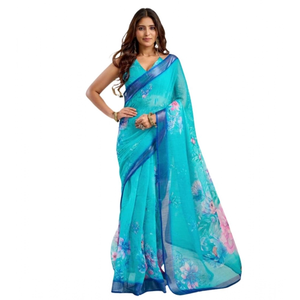 Generic Women's Faux Linen Floral Print Ready to wear Saree With Unstitched Blouse 5.5Mtr (Light_AquaBlue) - Image 5