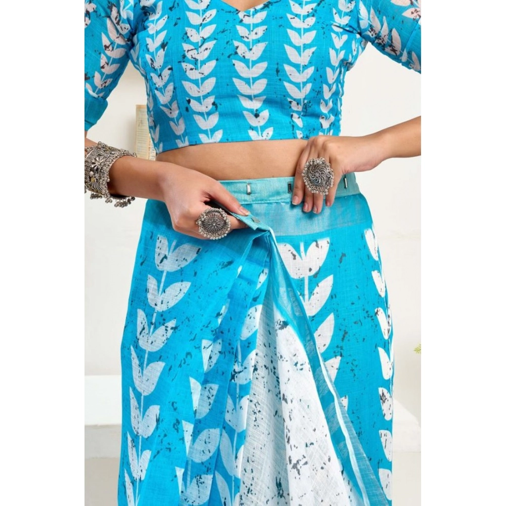 Generic Women's Faux Linen Leaf Print Ready to wear Saree With Unstitched Blouse 5.5Mtr (SkyBlue & White)