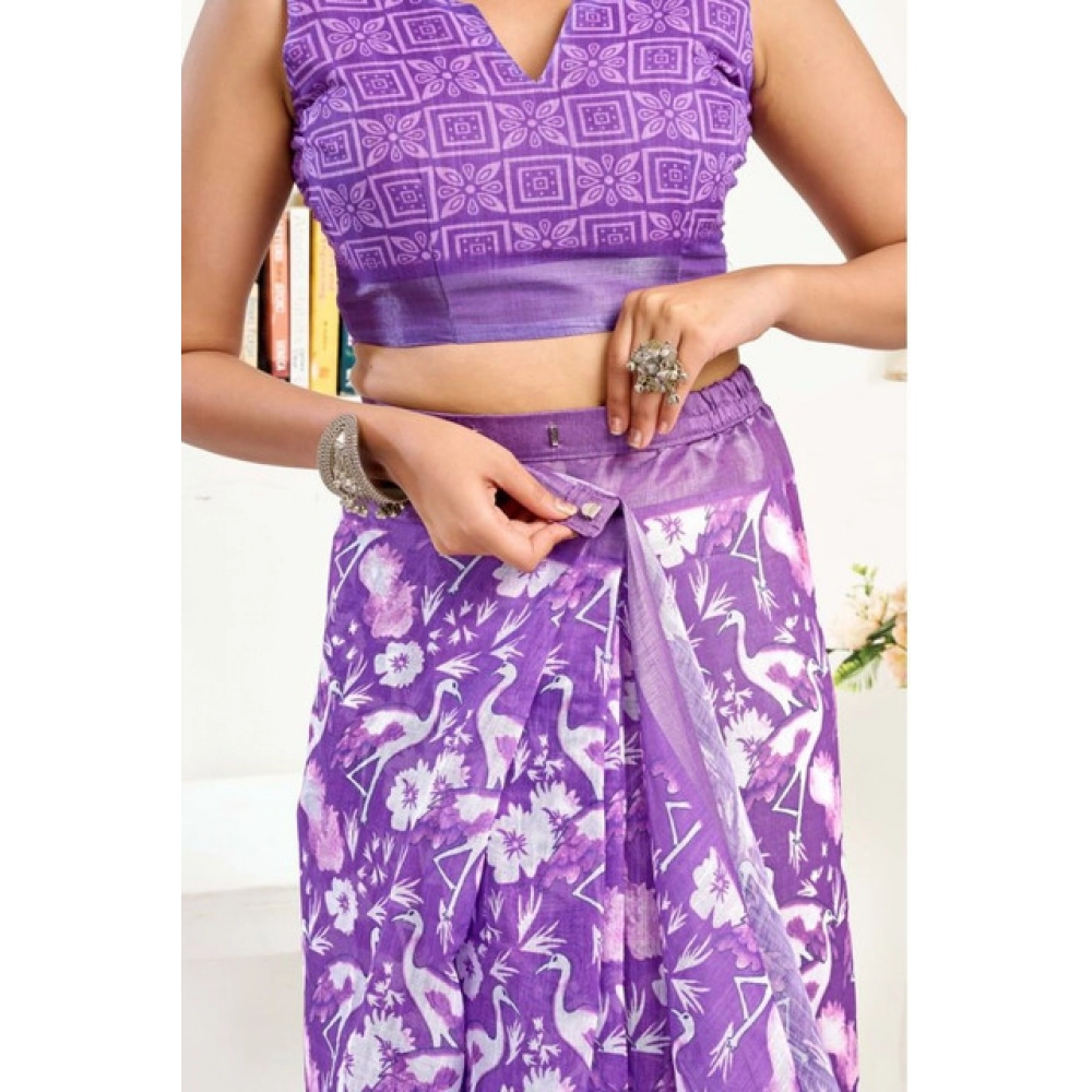 Generic Women's Faux Linen Floral Print Ready to wear Saree With Unstitched Blouse 5.5Mtr (Purple) - Image 2