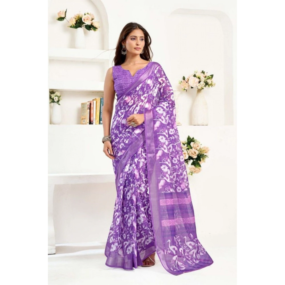 Generic Women's Faux Linen Floral Print Ready to wear Saree With Unstitched Blouse 5.5Mtr (Purple) - Image 3