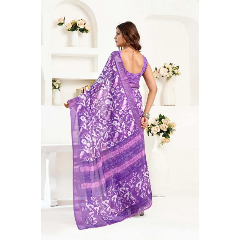 Generic Women's Faux Linen Floral Print Ready to wear Saree With Unstitched Blouse 5.5Mtr (Purple) - Image 4