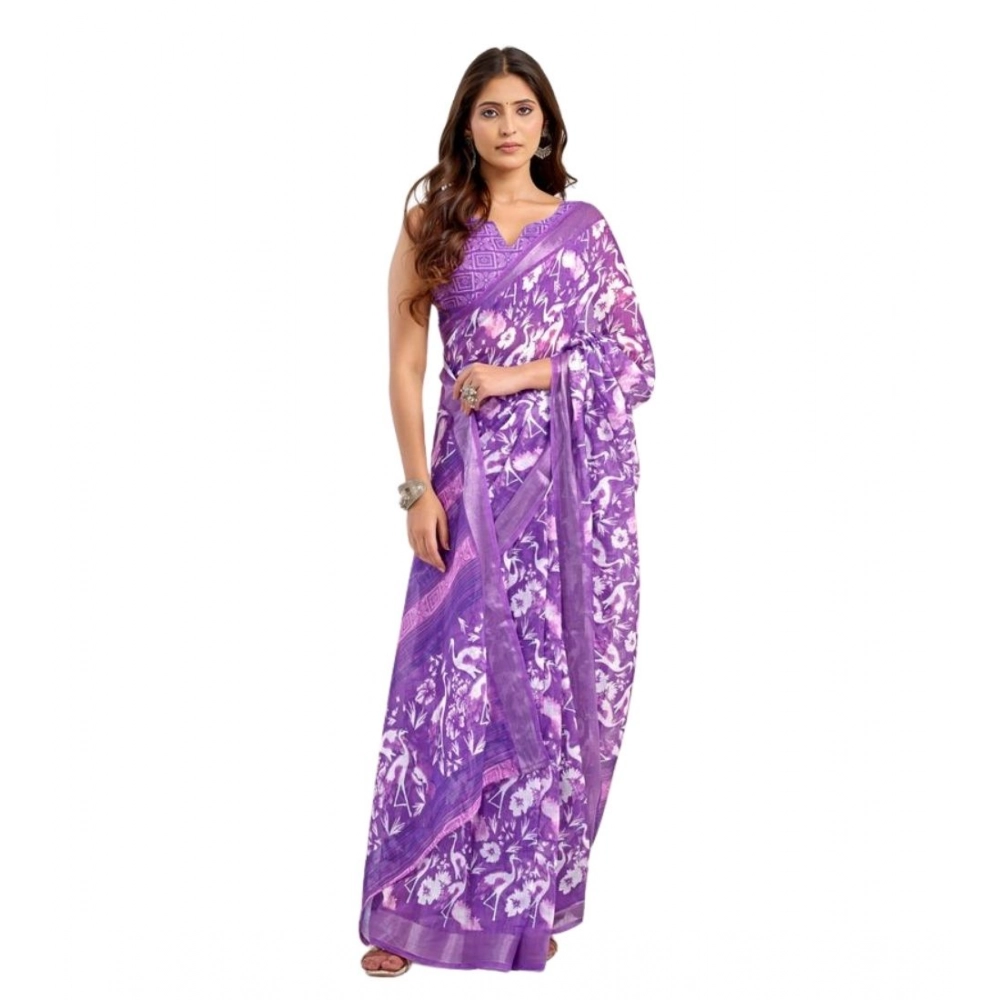 Generic Women's Faux Linen Floral Print Ready to wear Saree With Unstitched Blouse 5.5Mtr (Purple) - Image 5