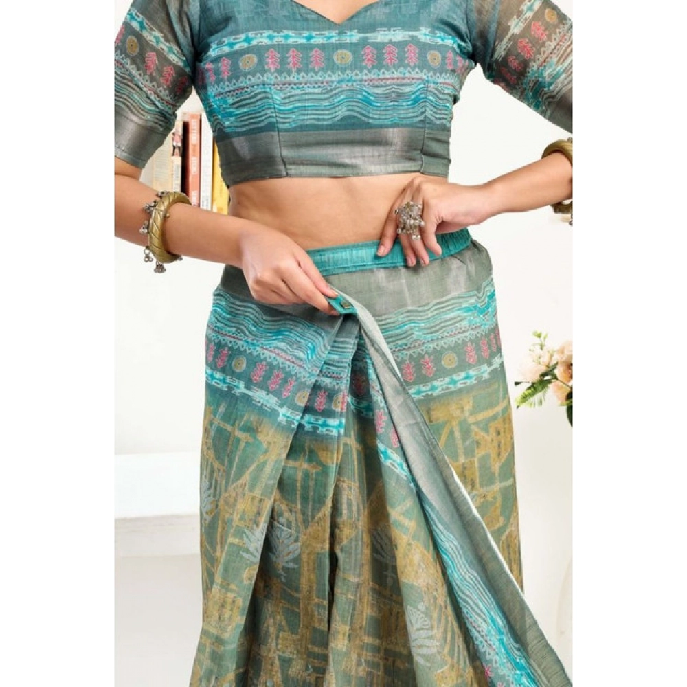 Generic Women's Faux Linen Printed Ready to wear Saree With Unstitched Blouse 5.5Mtr (Multicolor) - Image 2
