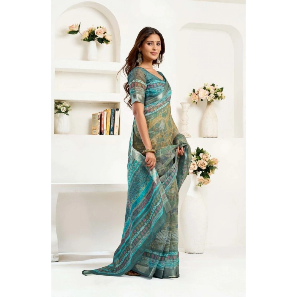 Generic Women's Faux Linen Printed Ready to wear Saree With Unstitched Blouse 5.5Mtr (Multicolor) - Image 3