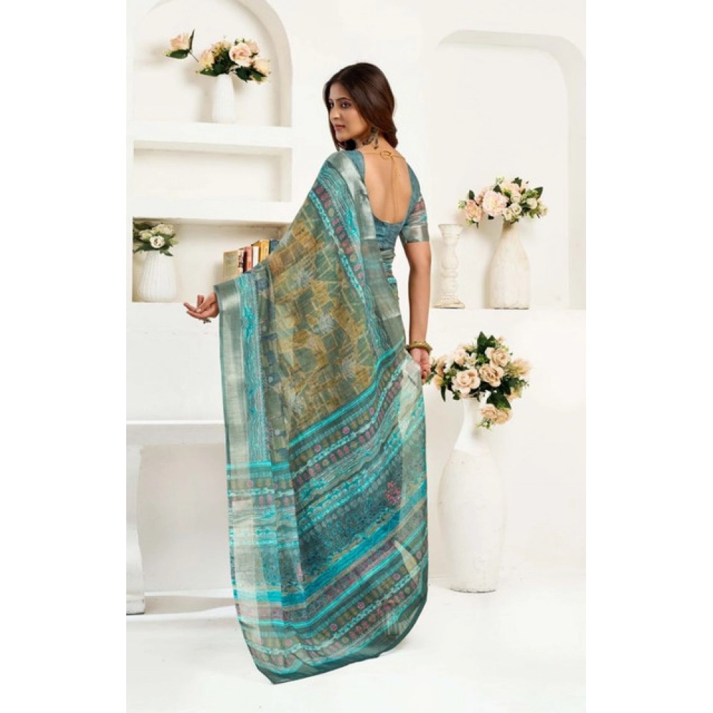 Generic Women's Faux Linen Printed Ready to wear Saree With Unstitched Blouse 5.5Mtr (Multicolor) - Image 4