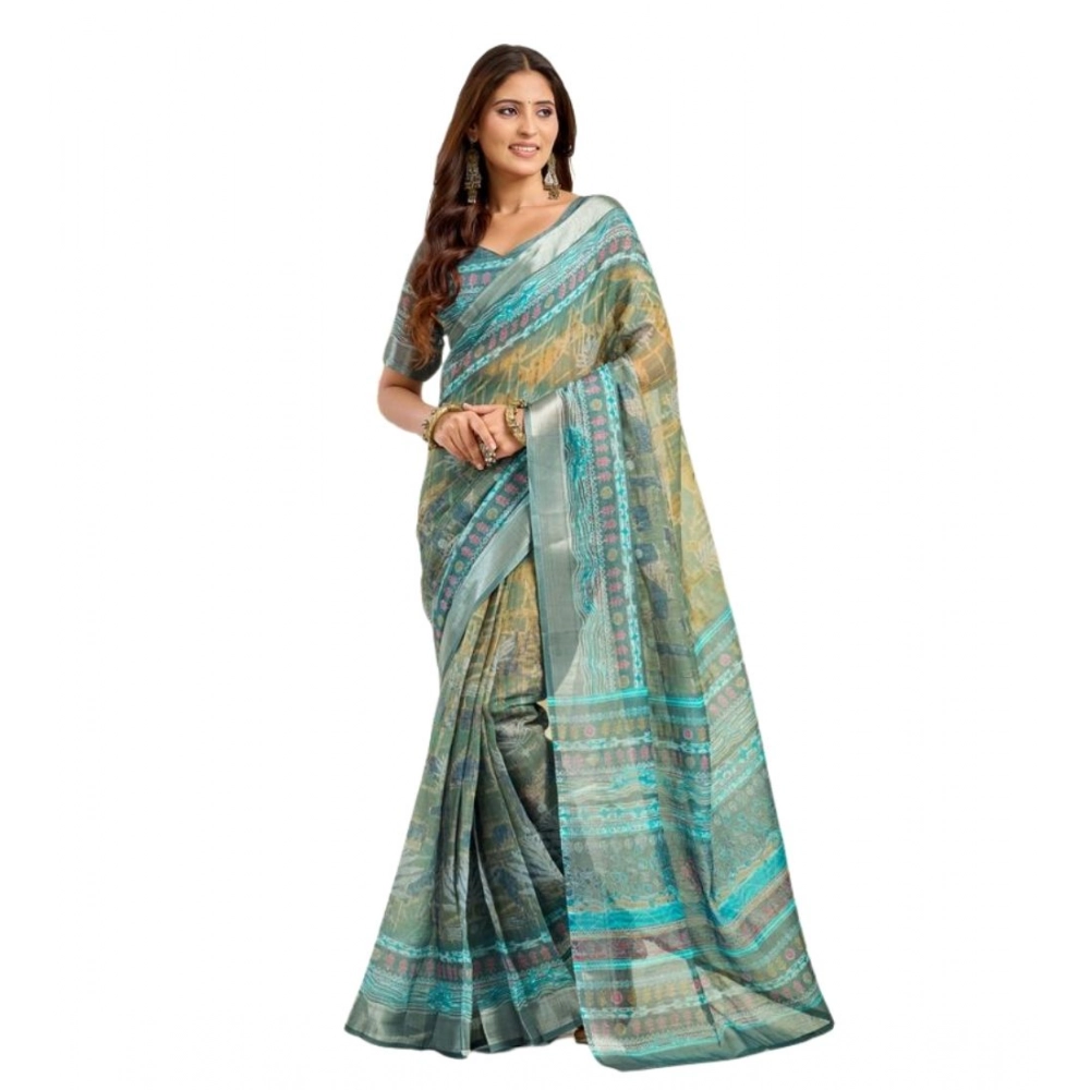 Generic Women's Faux Linen Printed Ready to wear Saree With Unstitched Blouse 5.5Mtr (Multicolor) - Image 5
