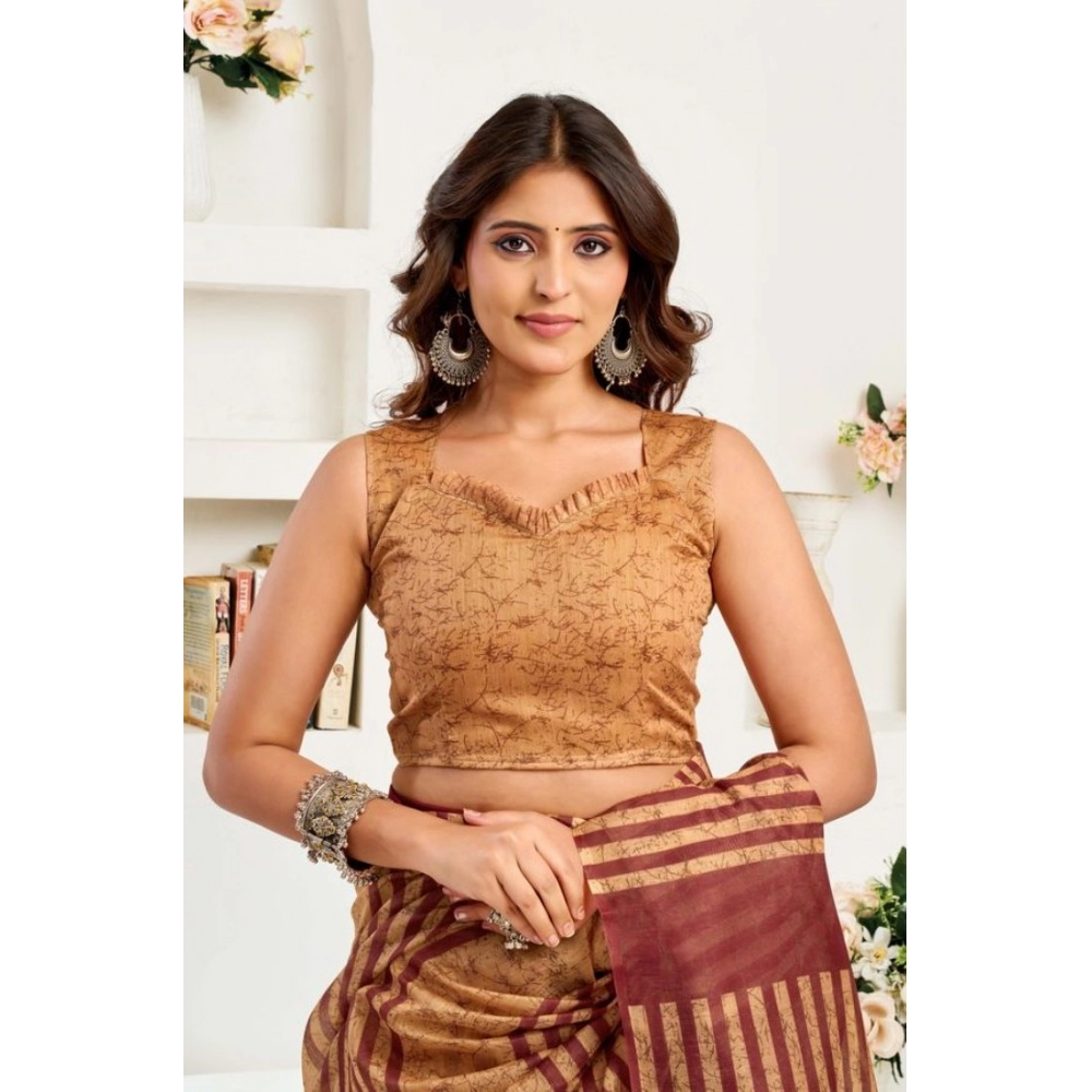Generic Women's Faux Linen Geometric Print Ready to wear Saree With Unstitched Blouse 5.5Mtr (Brown)