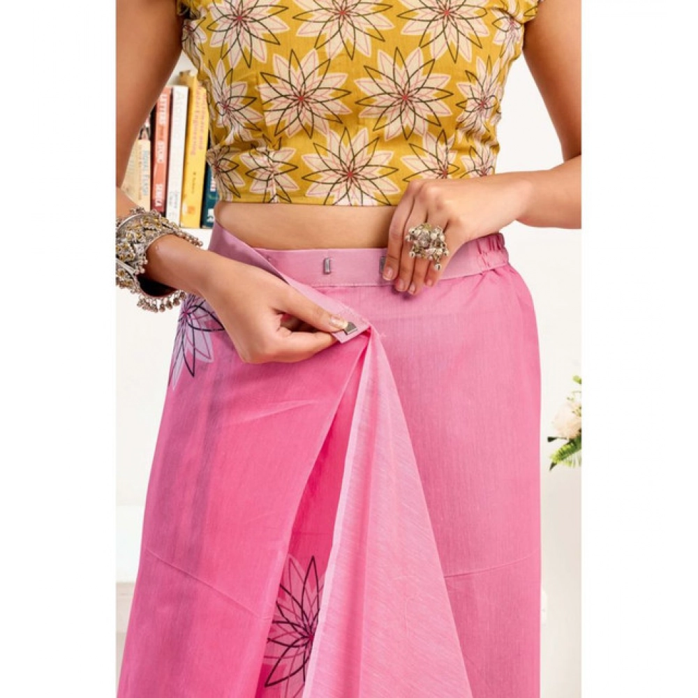 Generic Women's Faux Linen Floral Print Ready to wear Saree With Unstitched Blouse 5.5Mtr (Pink) - Image 2