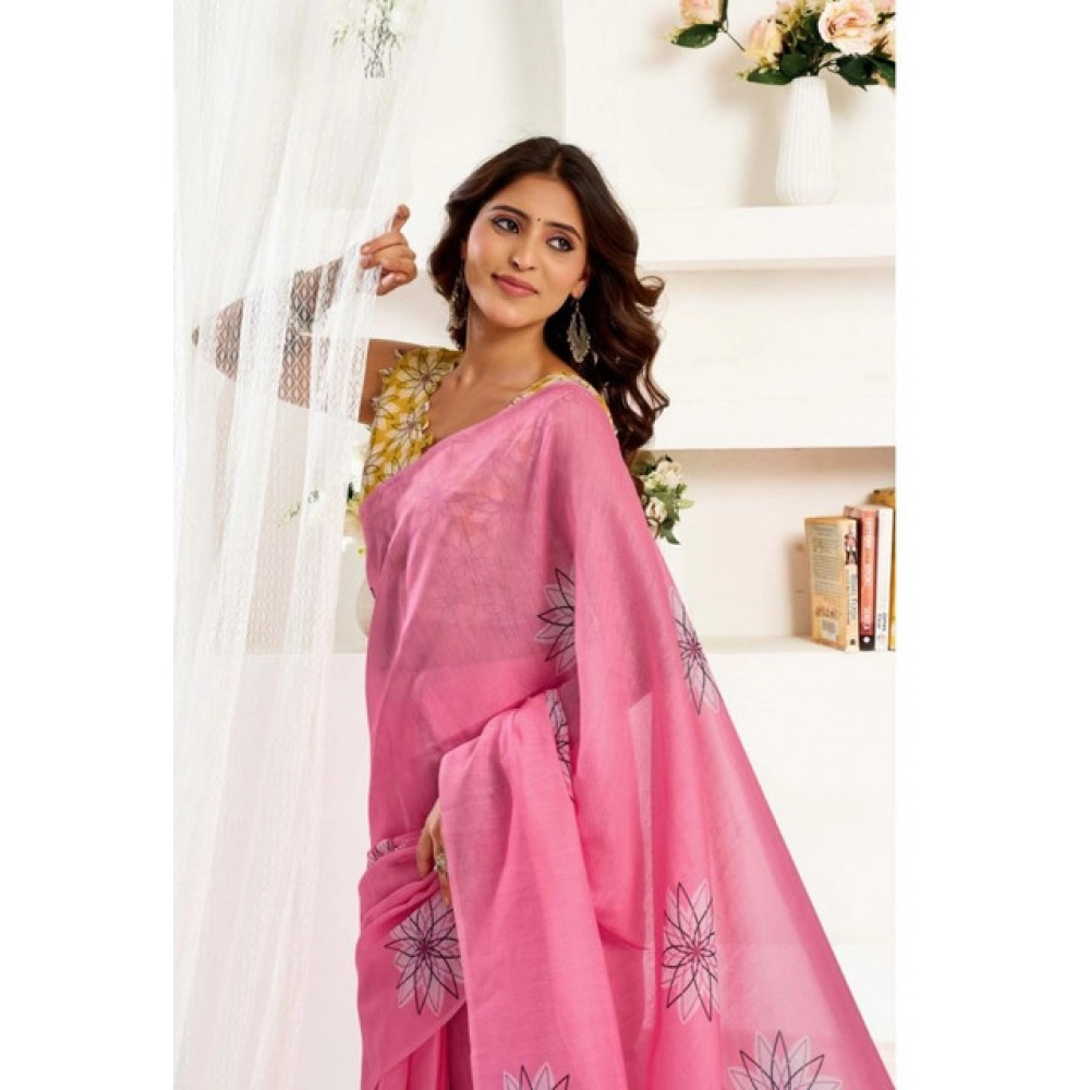 Generic Women's Faux Linen Floral Print Ready to wear Saree With Unstitched Blouse 5.5Mtr (Pink) - Image 3
