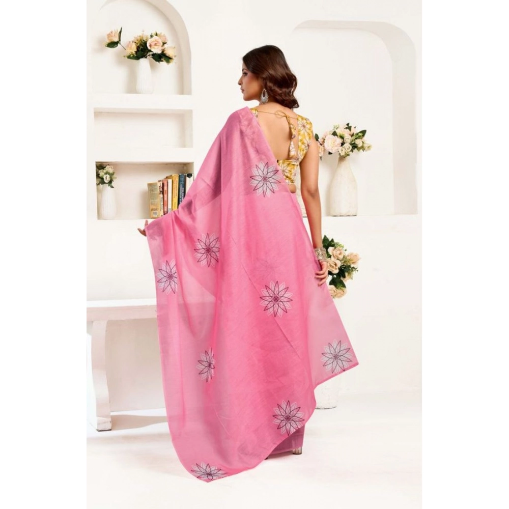 Generic Women's Faux Linen Floral Print Ready to wear Saree With Unstitched Blouse 5.5Mtr (Pink) - Image 4