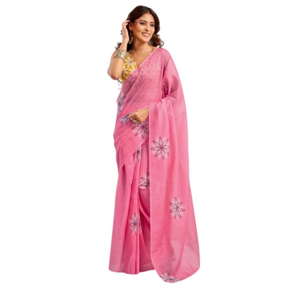 Generic Women's Faux Linen Floral Print Ready to wear Saree With Unstitched Blouse 5.5Mtr (Pink) - Image 5
