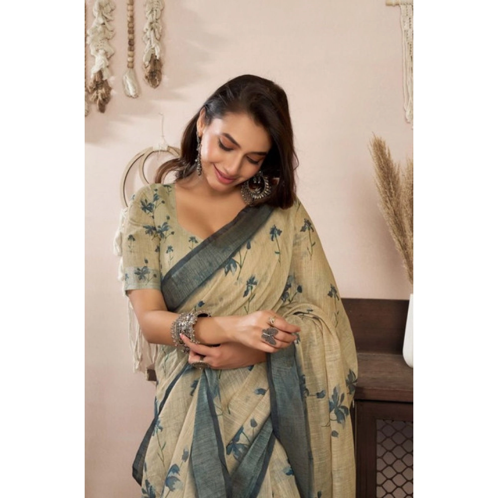 Generic Women's Faux Linen Floral Print Ready to wear Saree With Unstitched Blouse 5.5Mtr (LightBeige) - Image 2
