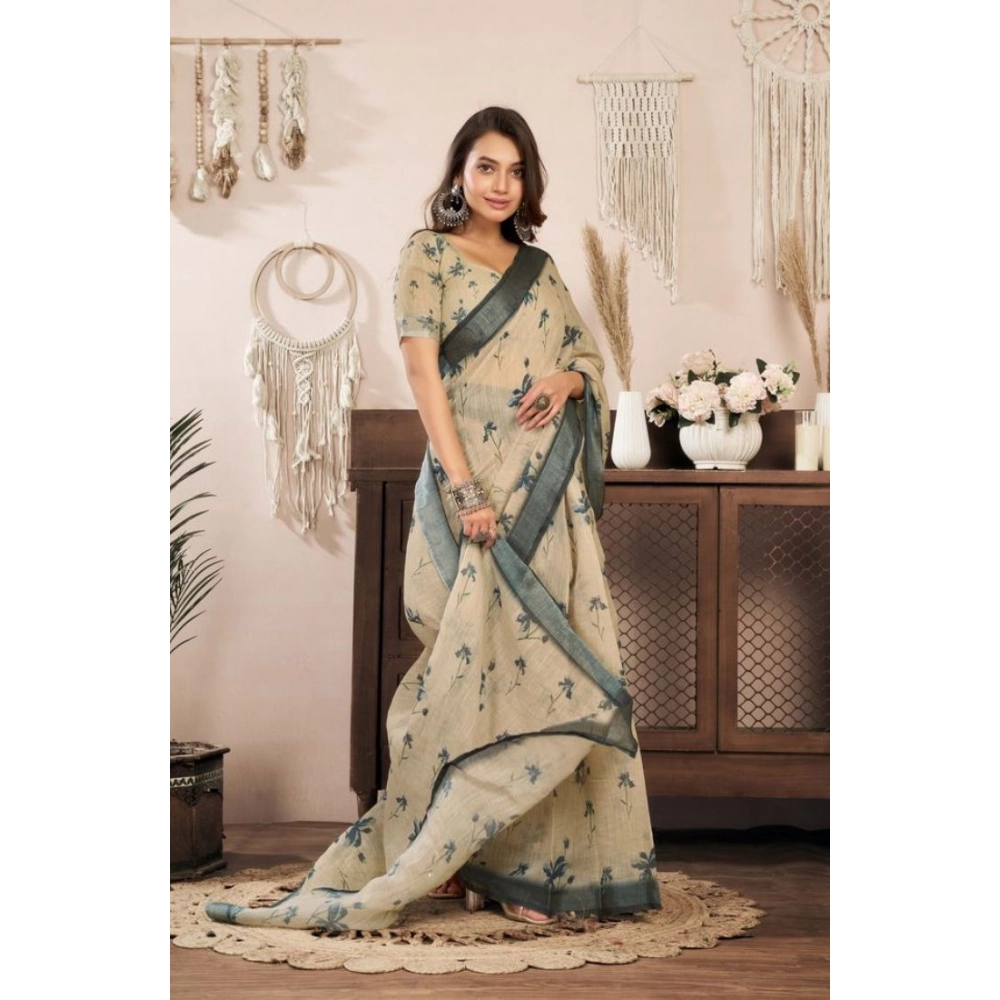 Generic Women's Faux Linen Floral Print Ready to wear Saree With Unstitched Blouse 5.5Mtr (LightBeige) - Image 3