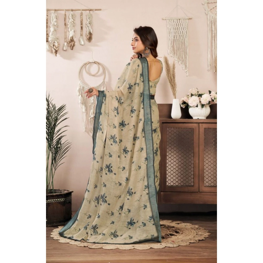 Generic Women's Faux Linen Floral Print Ready to wear Saree With Unstitched Blouse 5.5Mtr (LightBeige) - Image 4