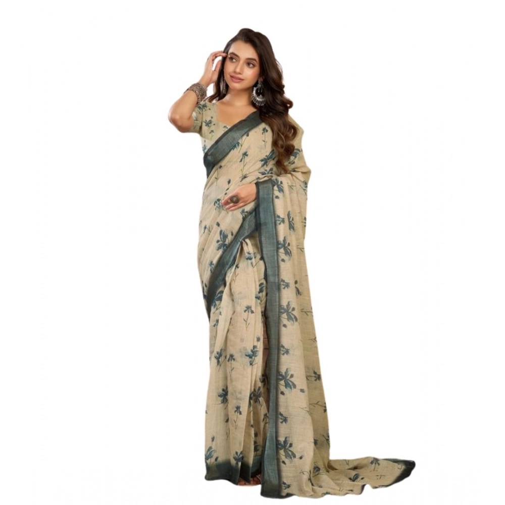 Generic Women's Faux Linen Floral Print Ready to wear Saree With Unstitched Blouse 5.5Mtr (LightBeige) - Image 5