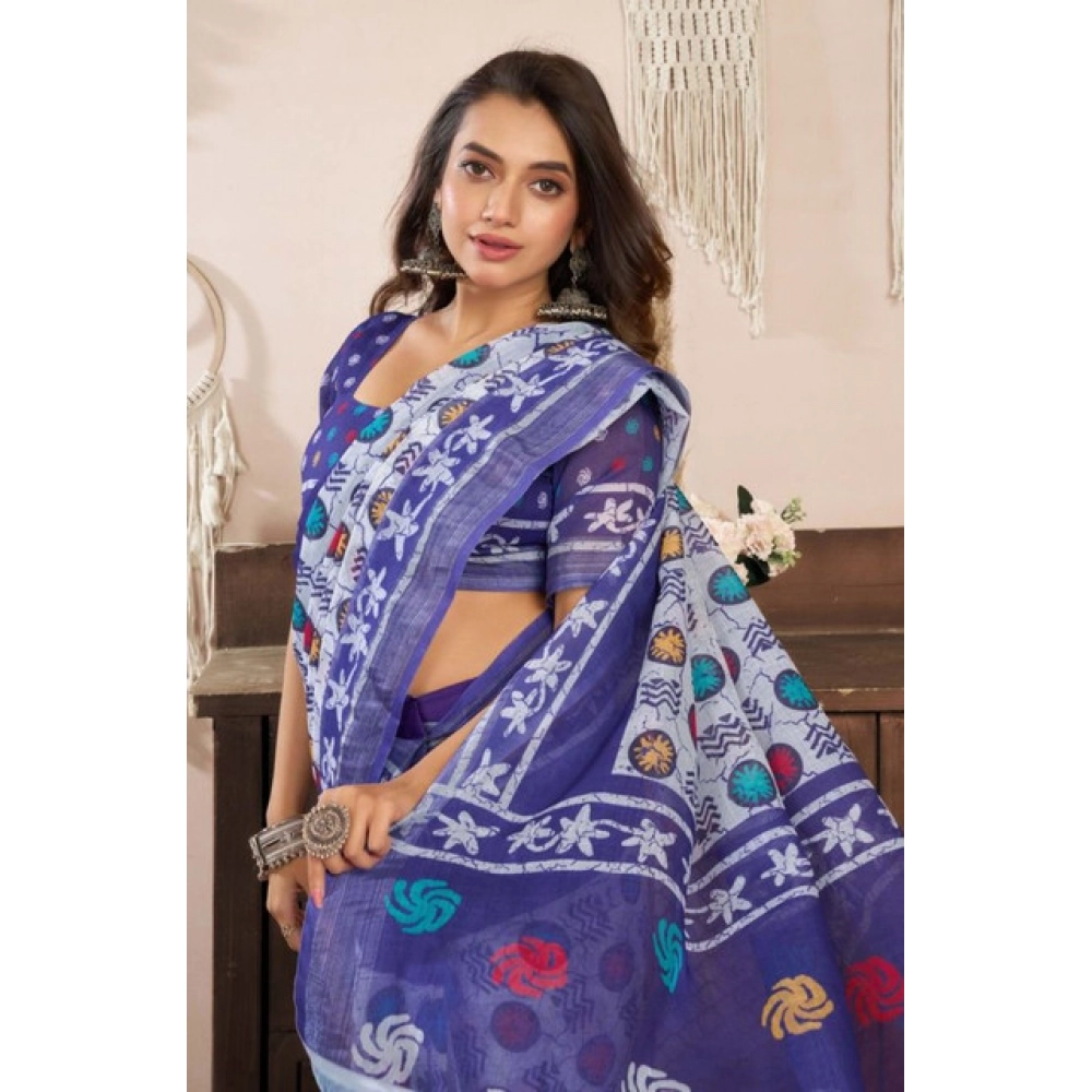 Generic Women's Faux Linen Geometric Print Ready to wear Saree With Unstitched Blouse 5.5Mtr (Blue)