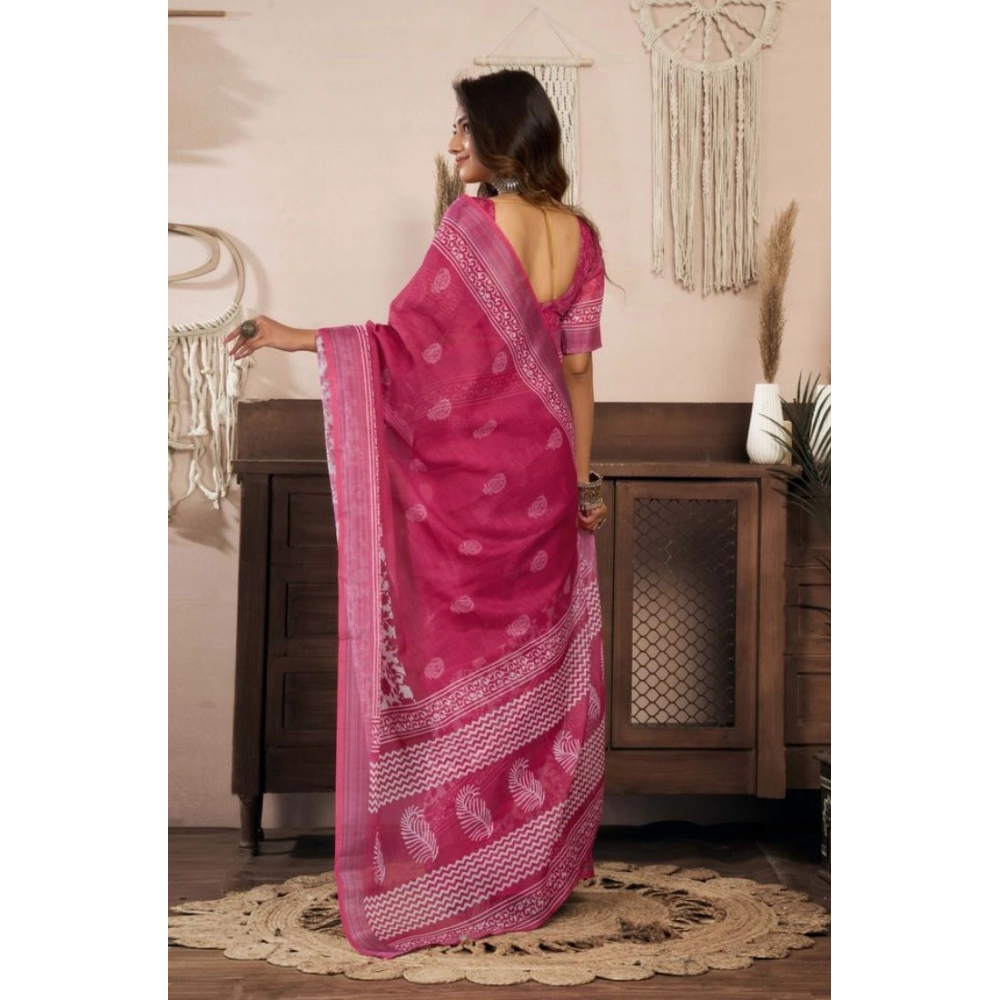 Generic Women's Faux Linen Floral Print Ready to wear Saree With Unstitched Blouse 5.5Mtr (Pink) - Image 4