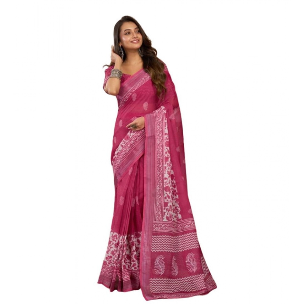 Generic Women's Faux Linen Floral Print Ready to wear Saree With Unstitched Blouse 5.5Mtr (Pink) - Image 5