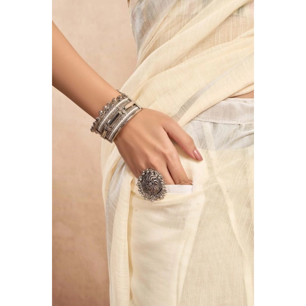 Generic Women's Faux Linen Floral Print Ready to wear Saree With Unstitched Blouse 5.5Mtr (Cream) - Image 2