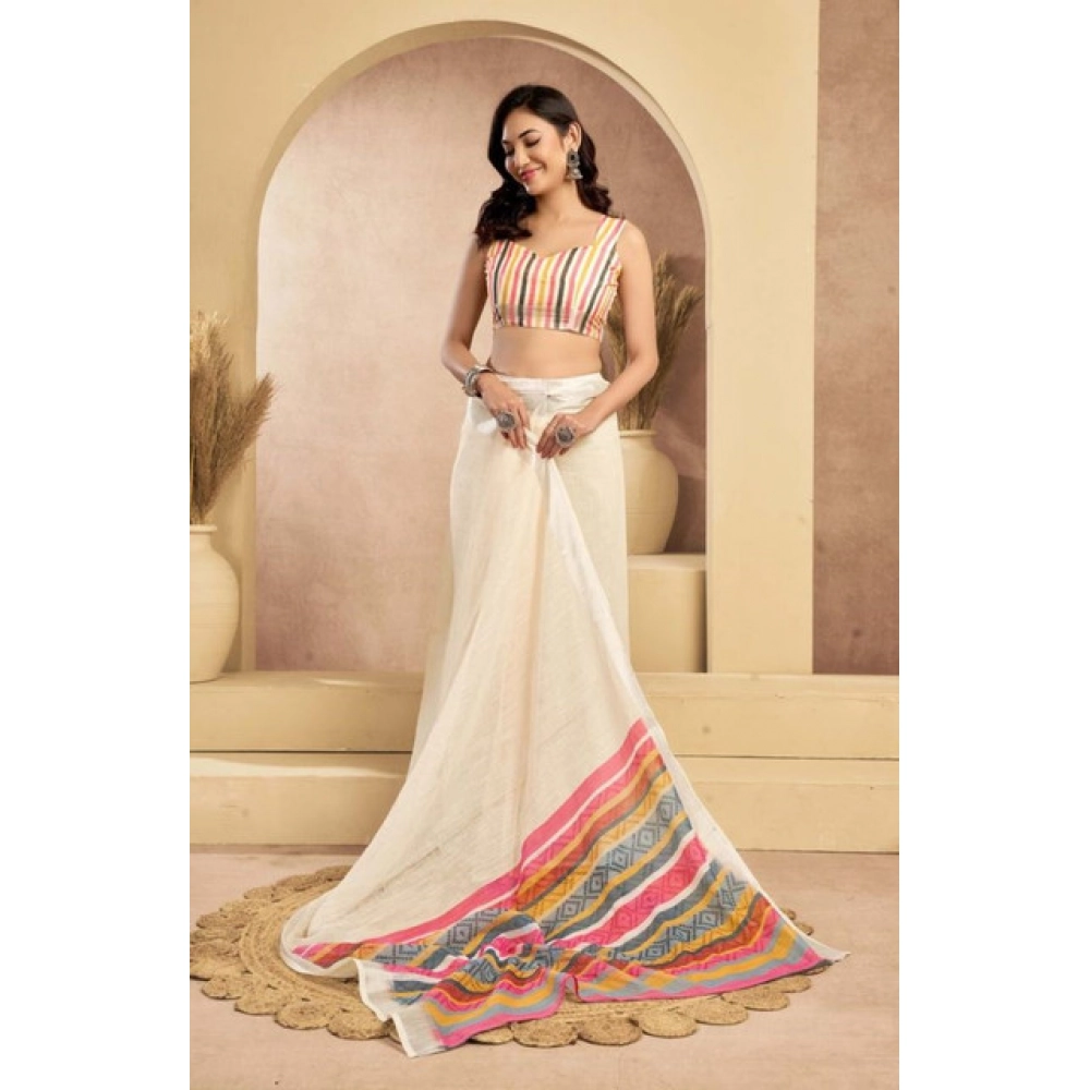 Generic Women's Faux Linen Floral Print Ready to wear Saree With Unstitched Blouse 5.5Mtr (Cream) - Image 3