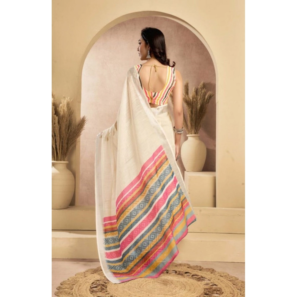 Generic Women's Faux Linen Floral Print Ready to wear Saree With Unstitched Blouse 5.5Mtr (Cream) - Image 4