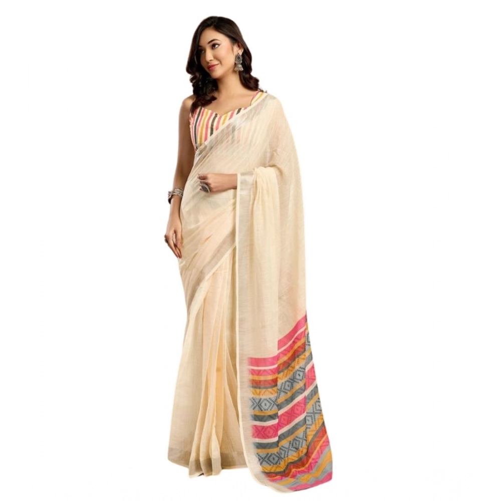 Generic Women's Faux Linen Floral Print Ready to wear Saree With Unstitched Blouse 5.5Mtr (Cream) - Image 5