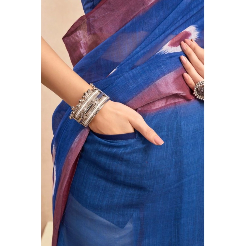 Generic Women's Faux Linen Printed Ready to wear Saree With Unstitched Blouse 5.5Mtr (Blue)