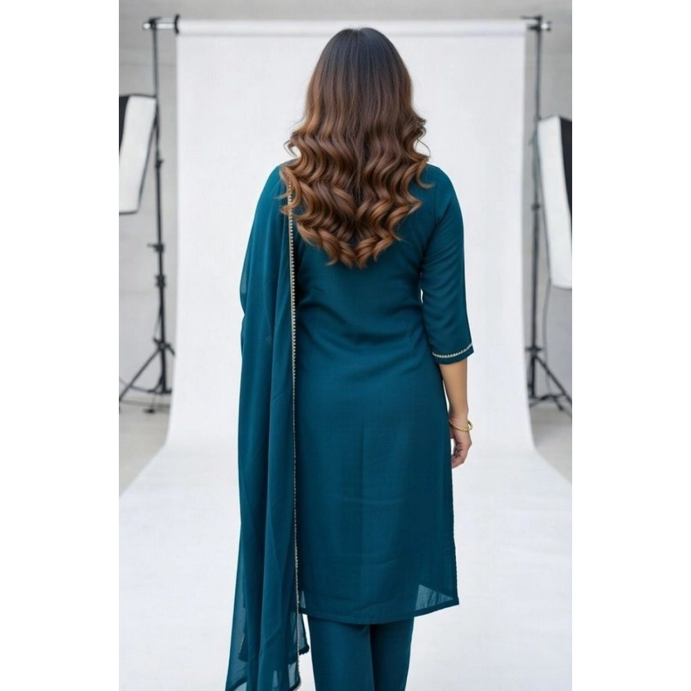 Generic Women's Georgette Ethnic Motif Round 3/4th Sleeve Kurti With Pant Dupatta Set (Teal) - Image 5