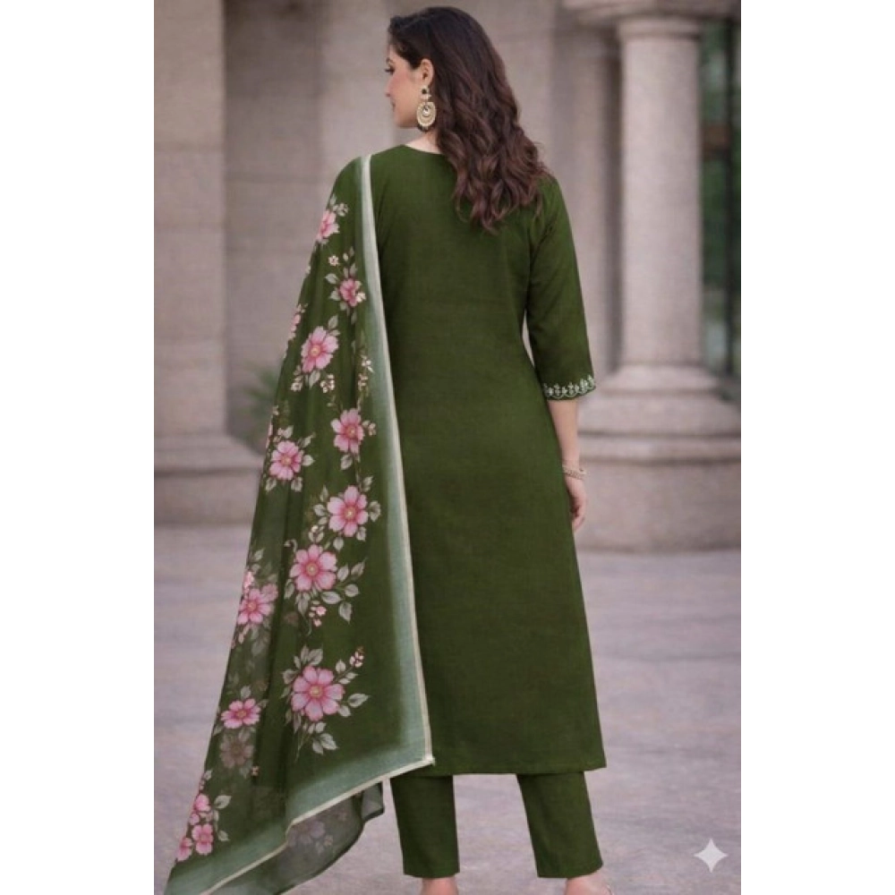 Generic Women's Chanderi Silk Ethnic Motif V-Neck 3/4th Sleeve Kurti With Pant Dupatta Set (Mahendi) - Image 3