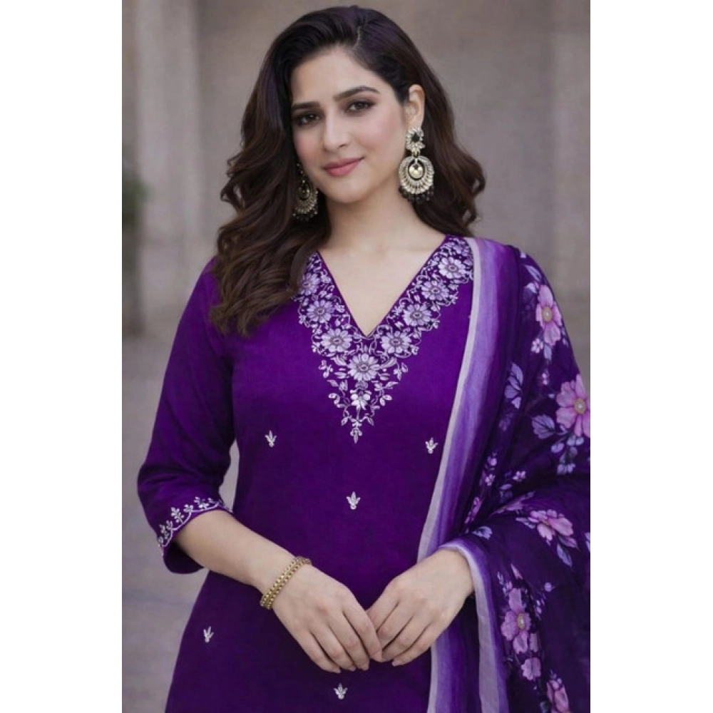 Generic Women's Chanderi Silk Ethnic Motif V-Neck 3/4th Sleeve Kurti With Pant Dupatta Set (Purple)