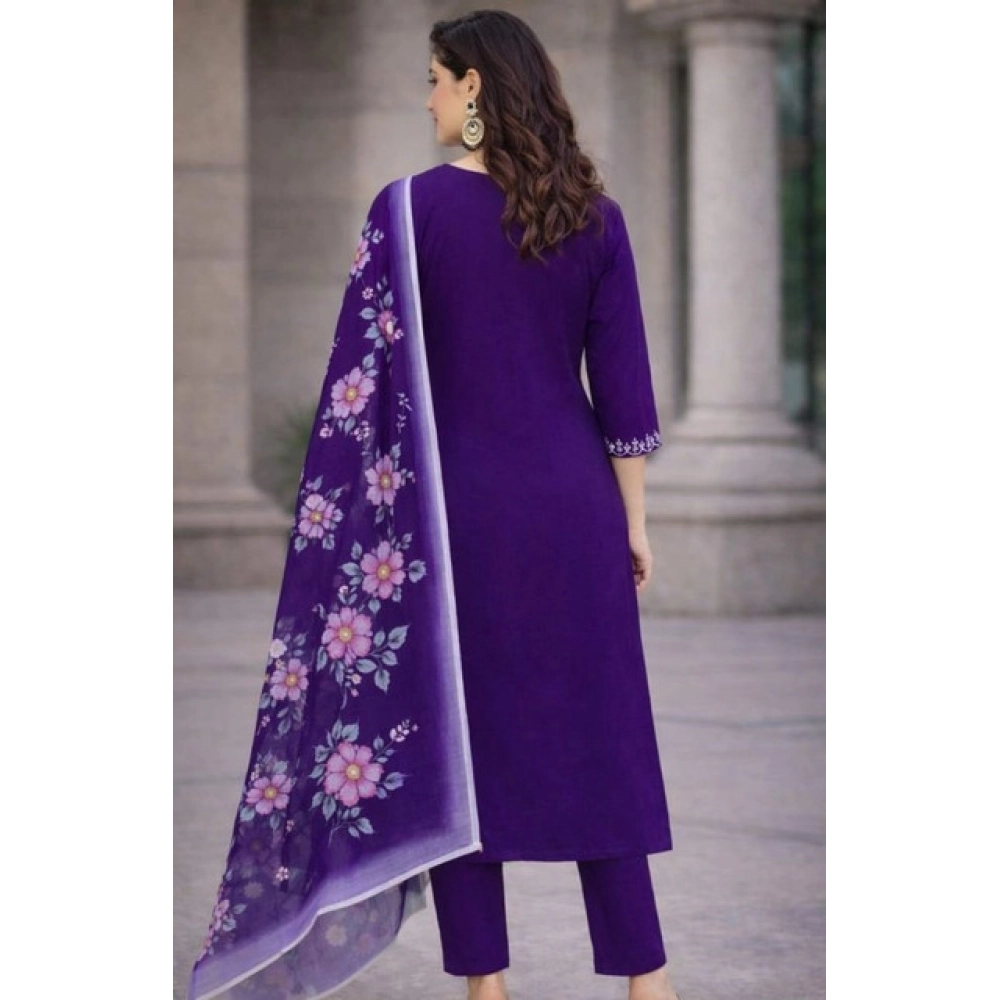 Generic Women's Chanderi Silk Ethnic Motif V-Neck 3/4th Sleeve Kurti With Pant Dupatta Set (Purple) - Image 2