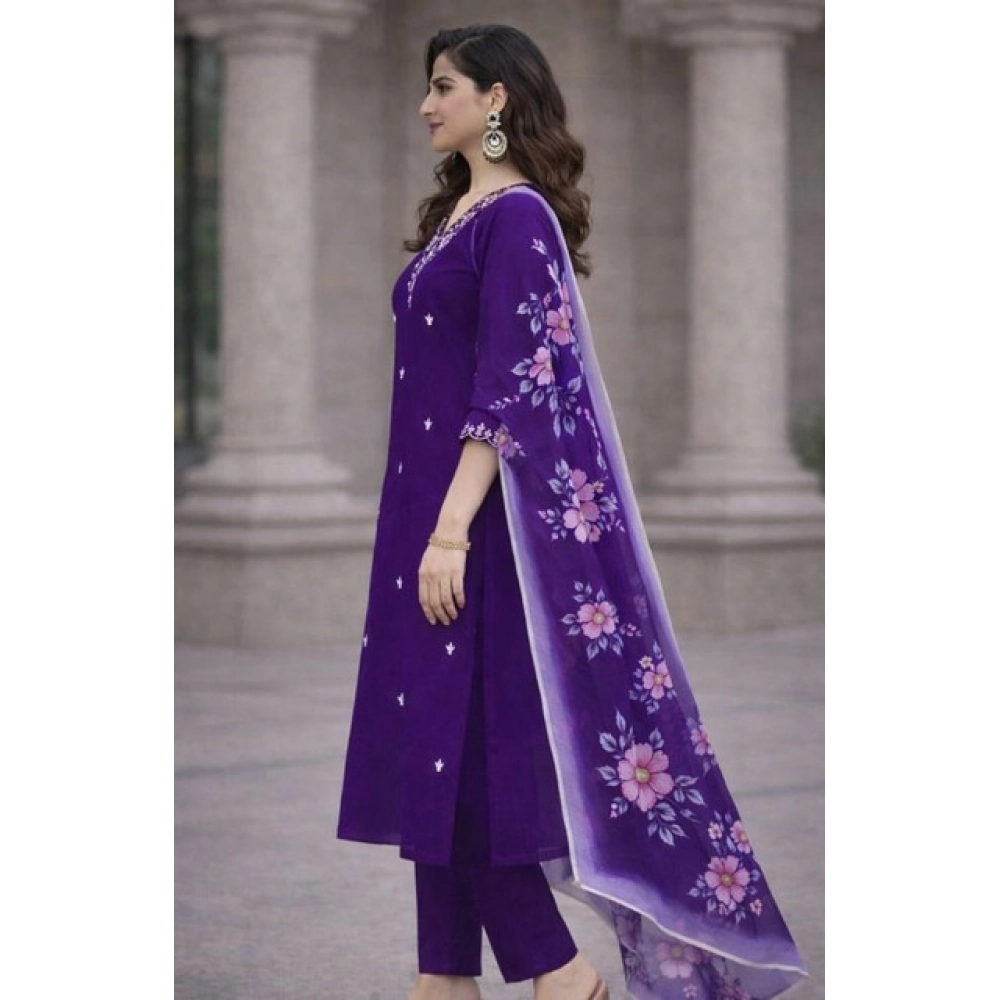 Generic Women's Chanderi Silk Ethnic Motif V-Neck 3/4th Sleeve Kurti With Pant Dupatta Set (Purple) - Image 3