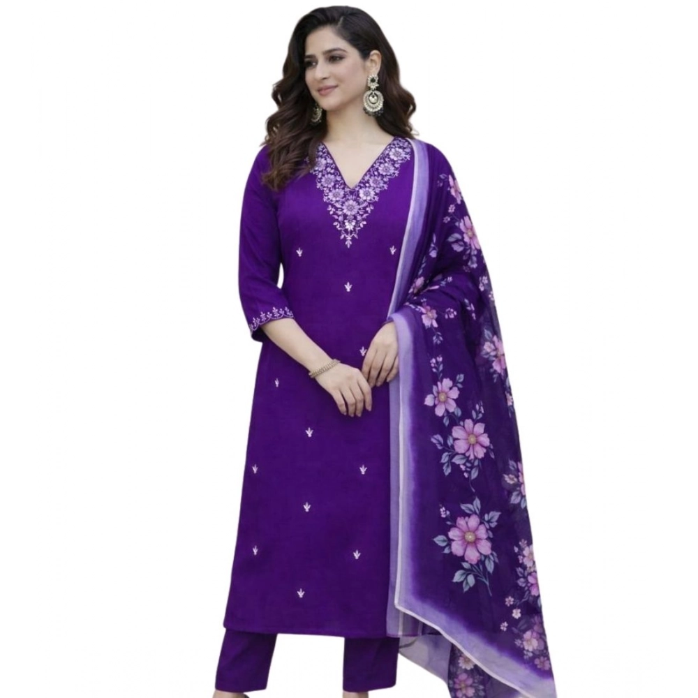 Generic Women's Chanderi Silk Ethnic Motif V-Neck 3/4th Sleeve Kurti With Pant Dupatta Set (Purple) - Image 5