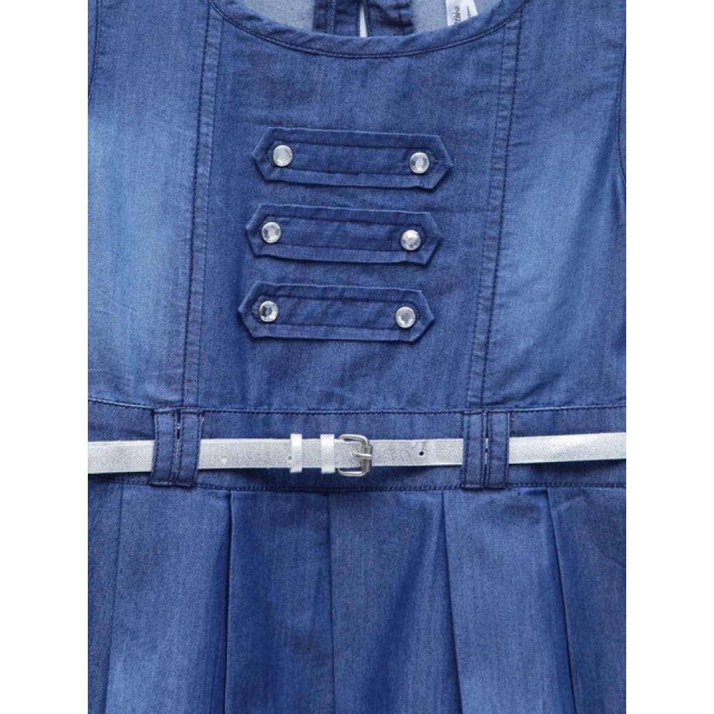 Generic Girl's Denim Embellished Sleeveless Dress with Belt (Blue) - Image 3