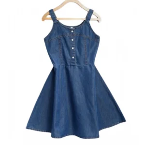 Generic Girl's Denim Printed Short Sleeve Dress with Straps (Blue)