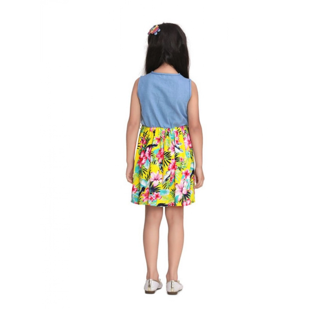 Generic Girl's Denim Floral Sleeveless Dress (Blue-Yellow) - Image 4