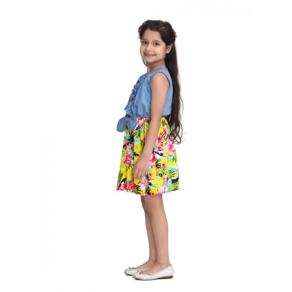 Generic Girl's Denim Floral Sleeveless Dress (Blue-Yellow) - Image 3