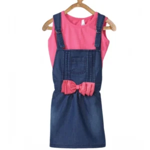Generic Girl's Denim & Cotton Bow Sleeveless Dungaree (Pink)