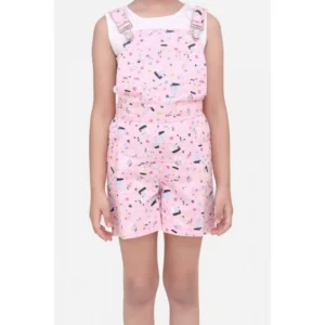 Generic Girl's Inner- Cotton Printed Sleeveless Dungaree (Light Pink)