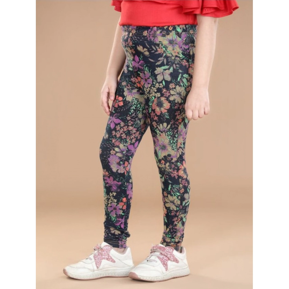 Generic Girl's Cotton Lycra Floral Elasticated Jeggings (Multicolor) - Image 4