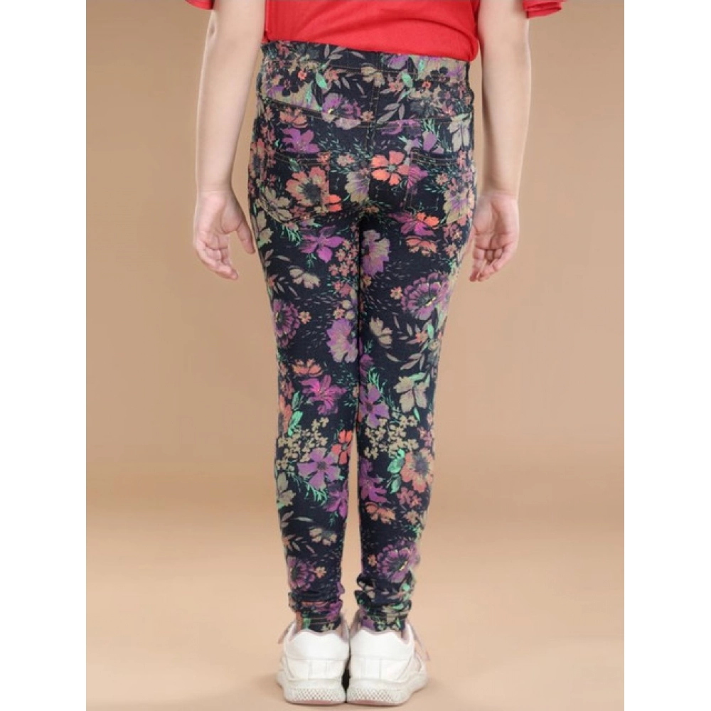 Generic Girl's Cotton Lycra Floral Elasticated Jeggings (Multicolor) - Image 3