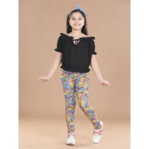 Generic Girl's Cotton Lycra Floral Elasticated Jeggings (Multicolor)
