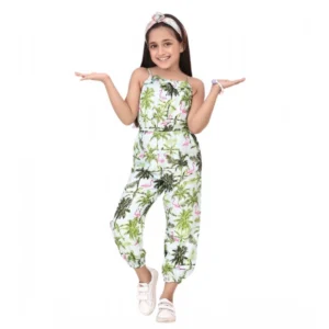 Generic Girl's Denim Embroidered Sleeveless Jumpsuit (White-Green)