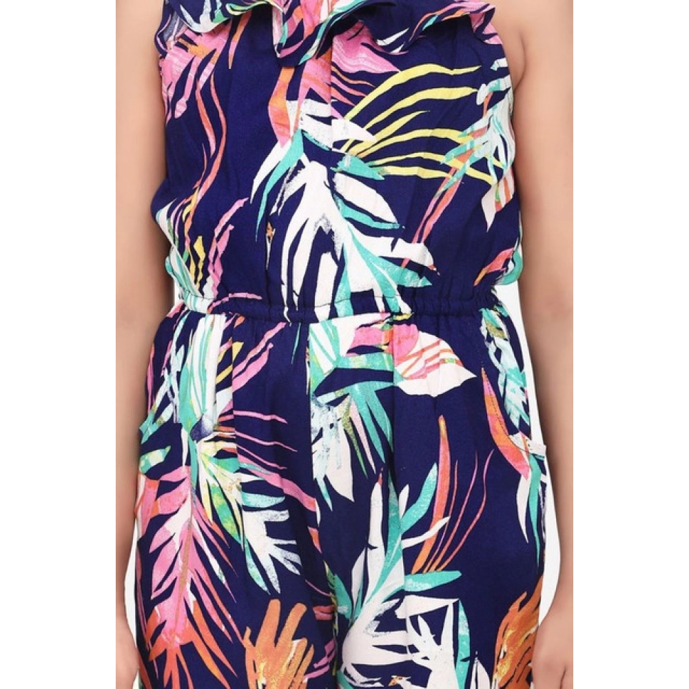 Generic Girl's Rayon Printed Sleeveless Jumpsuit (Blue-Multicolor) - Image 3
