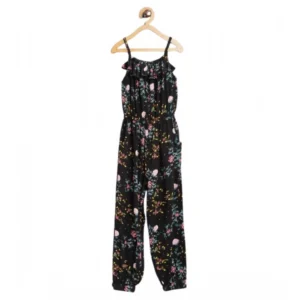 Generic Girl's Rayon Floral Sleeveless Jumpsuit (Black-Pink)