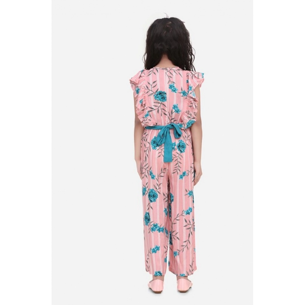 Generic Girl's Rayon Floral Flutter Jumpsuit (Pink-Blue) - Image 4