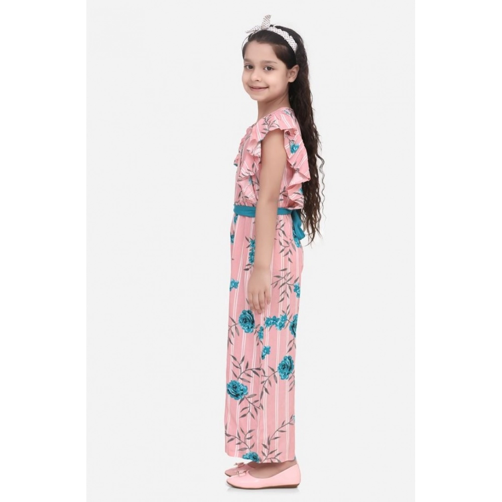 Generic Girl's Rayon Floral Flutter Jumpsuit (Pink-Blue) - Image 3