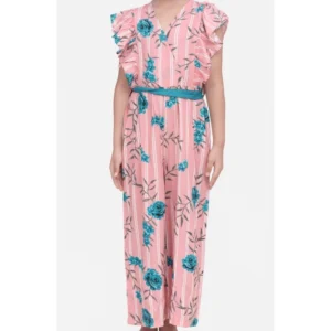 Generic Girl's Rayon Floral Flutter Jumpsuit (Pink-Blue)