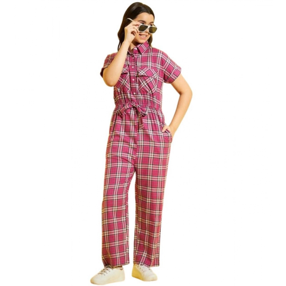 Generic Girl's Cotton Checkered Short Sleeves Jumpsuit (Pink) - Image 4